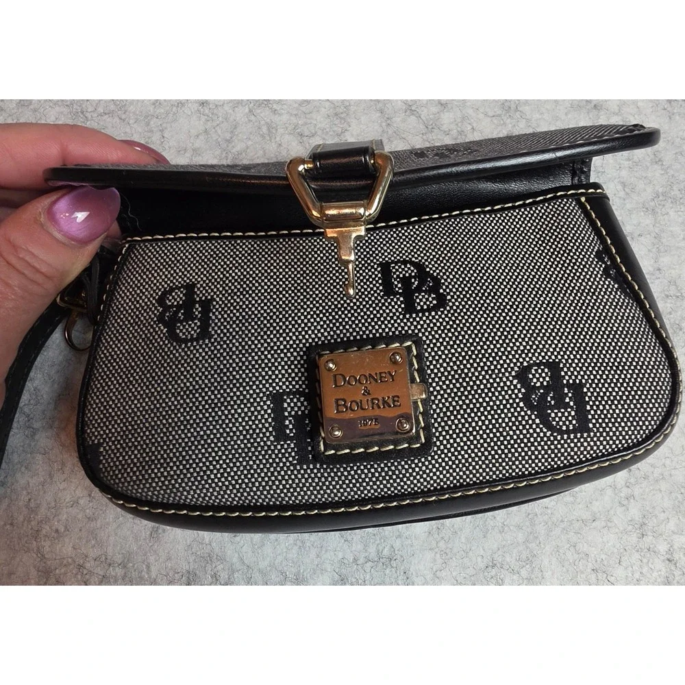 Dooney & Bourke Signature Monogram Wristlet Clutch Black White Canvas Leather